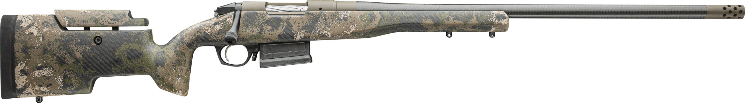 Camouflage-patterned semi-automatic rifle close-up