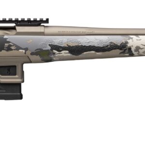 Camouflage bolt-action rifle with threaded muzzle brake