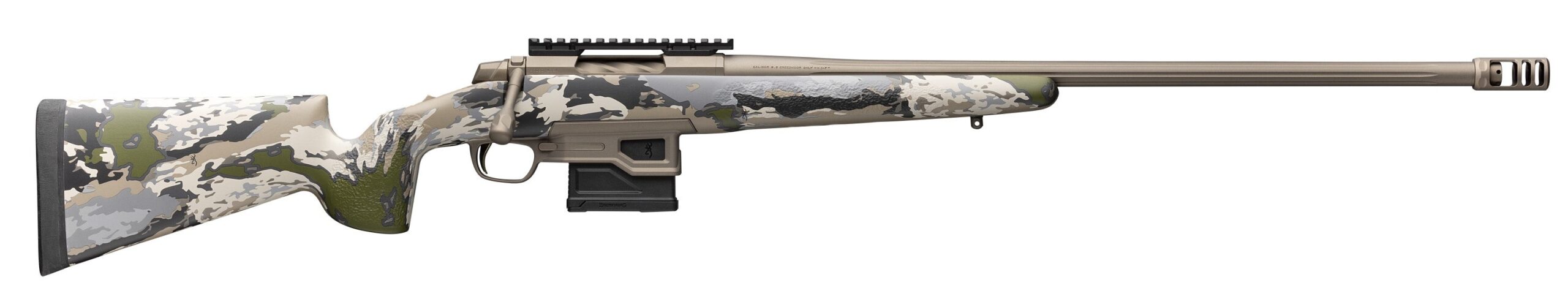 Camouflage bolt-action rifle with scope rail and muzzle brake