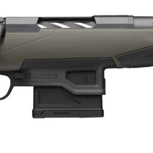 Olive green bolt-action hunting rifle with black magazine