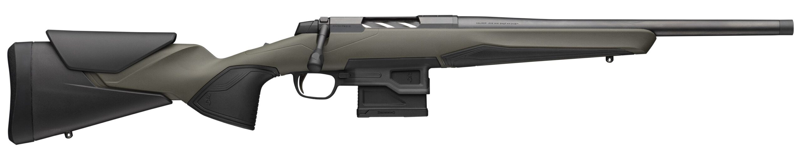 Bolt-action rifle with olive stock and long barrel