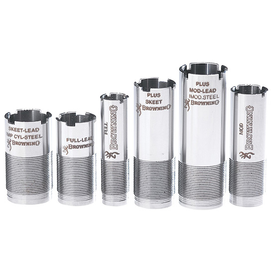 Six Browning shotgun choke tubes arranged by size