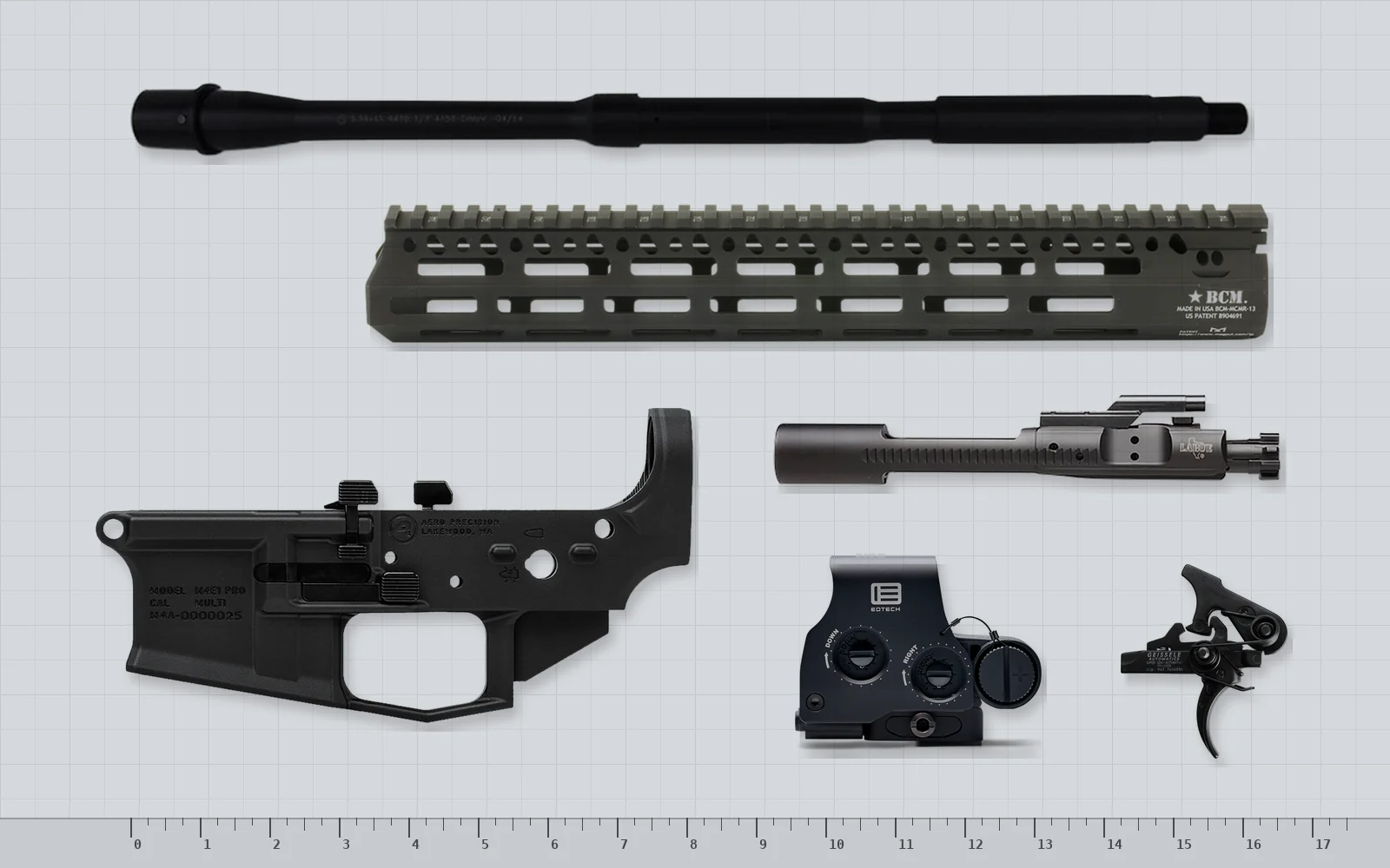 AR-15 parts laid out on a bench mat: barrel, handguard, lower receiver, bolt carrier group, optic and trigger