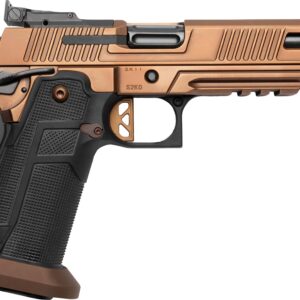 Close-up of tan and black semi-automatic pistol