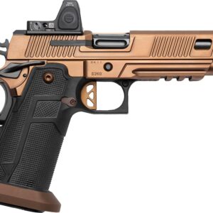 Bronze and black handgun with mounted red-dot sight