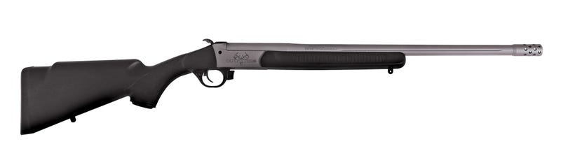 Side view of a black bolt-action rifle