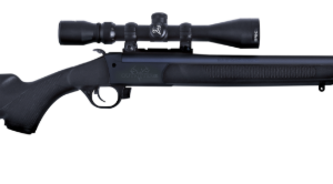 Black bolt-action rifle with mounted scope on white background