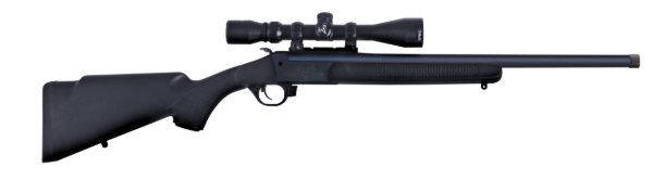Black bolt-action rifle with mounted scope on white background