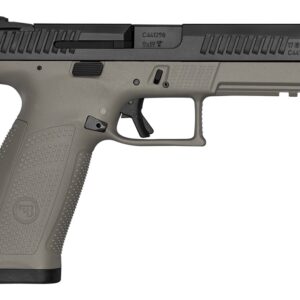 Olive-drab 9mm semi-automatic pistol, side view