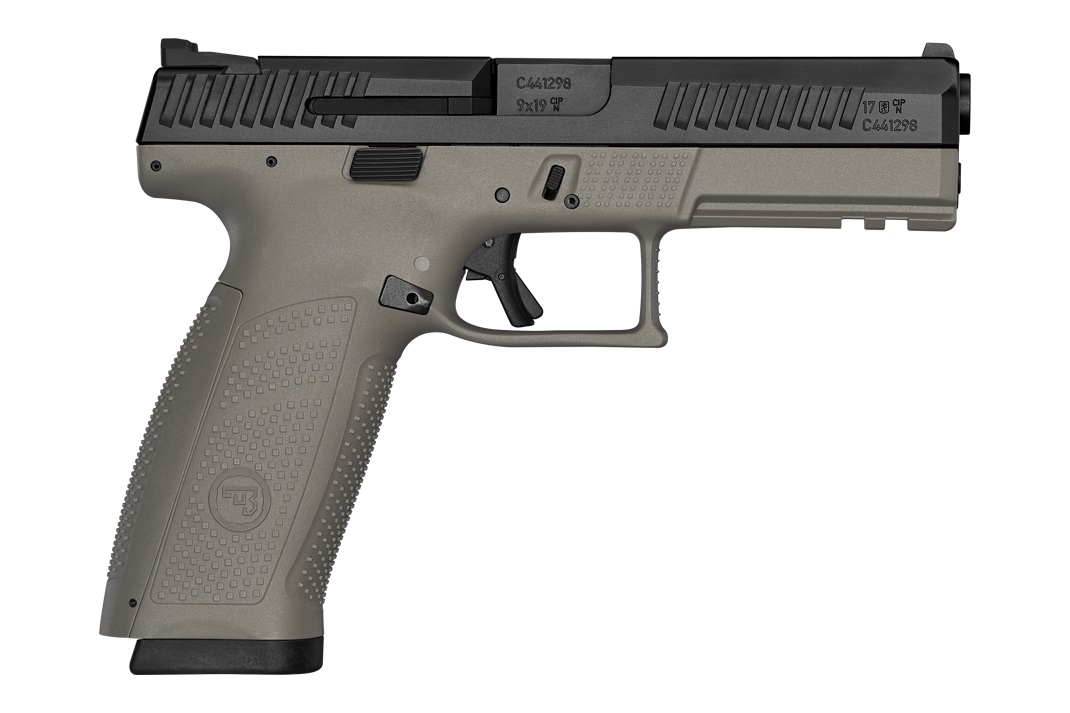 Olive-drab 9mm semi-automatic pistol, side view