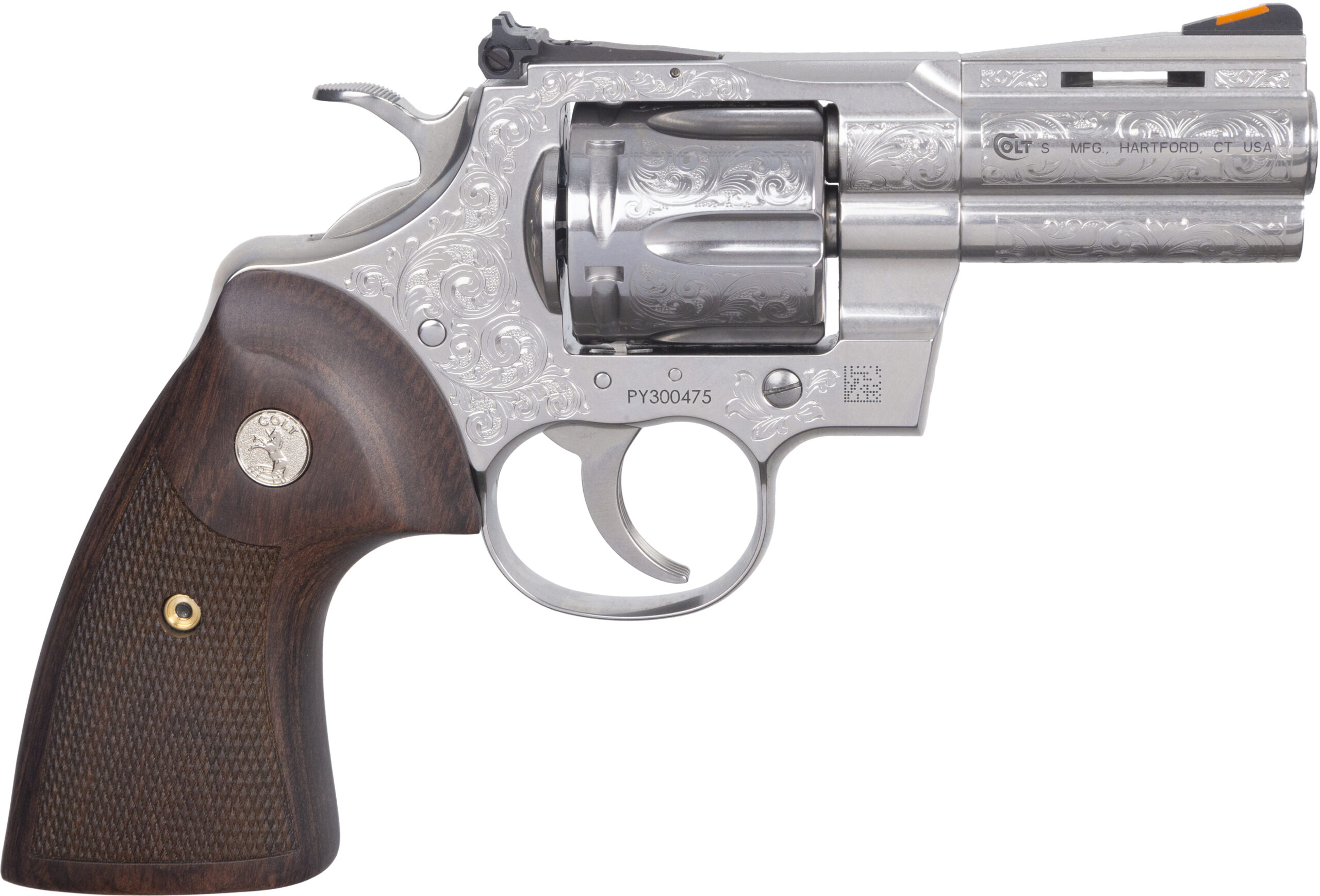 Colt Python Engraved .357 Magnum Revolver, 3" Barrel, Semi-Bright Stainless, 6 Round