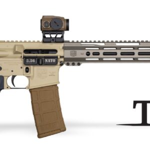 Tan AR-style rifle with optic and TALO logo