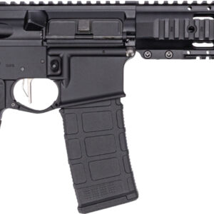 Black AR-style rifle with adjustable brace and rail