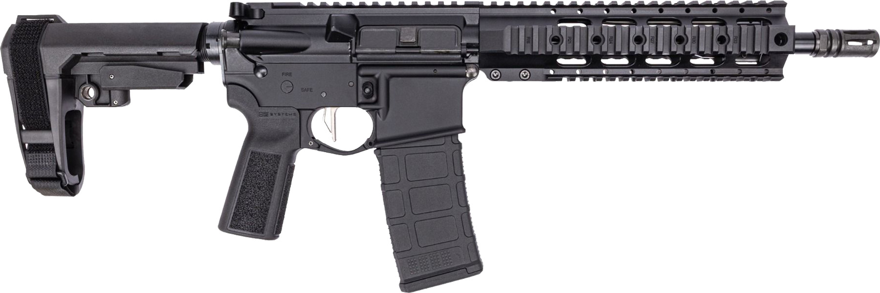 Black AR-style rifle with adjustable brace and magazine