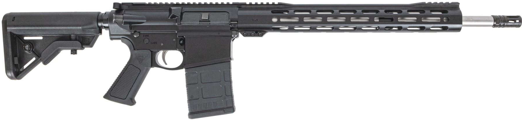 Black AR-style rifle with adjustable stock and magazine