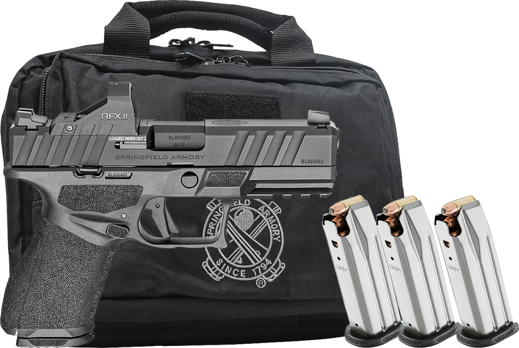 Springfield Armory 9mm pistol, bag, and three magazines