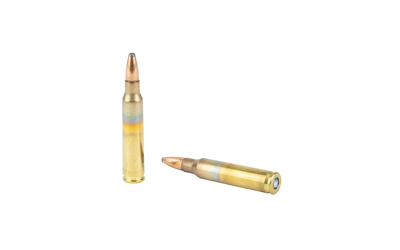 Two rifle cartridges on a white background