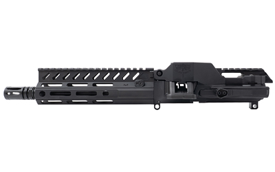 Black tactical firearm upper assembly with rail and barrel