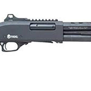 Black pump-action shotgun shown in side profile