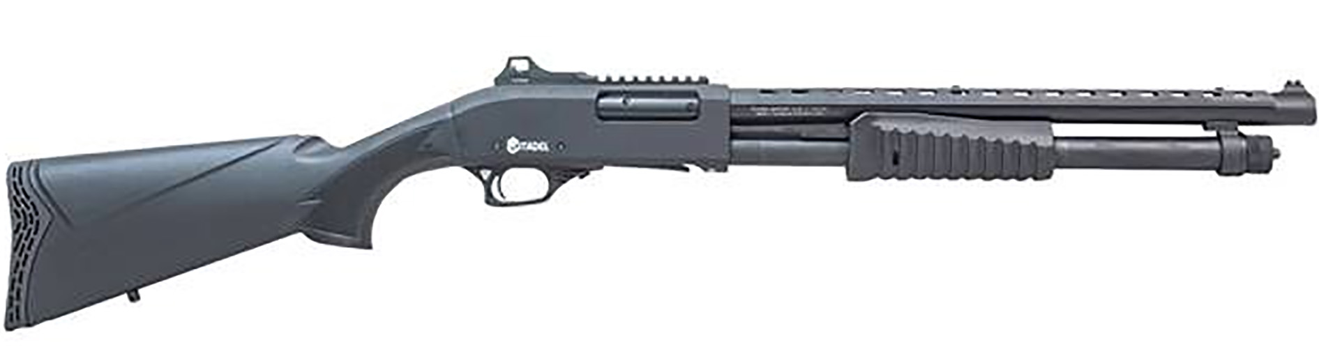 Black pump-action shotgun shown in side profile