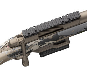 Camouflage bolt-action rifle receiver with mounted scope rail