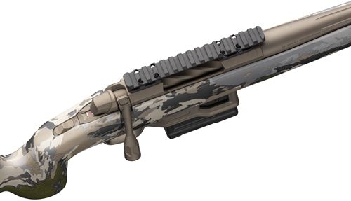 Camouflage bolt-action rifle receiver with mounted scope rail