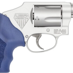 Stainless steel revolver with blue ergonomic grip