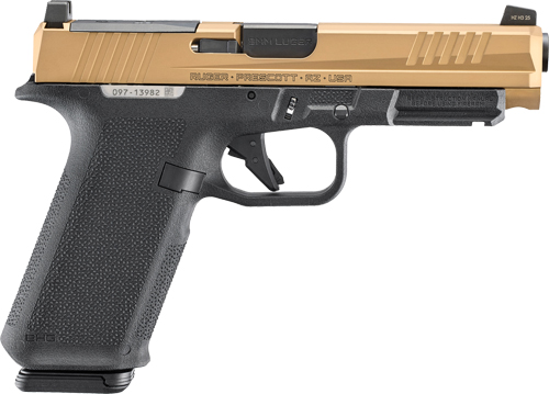 Black and tan semi-automatic handgun side view