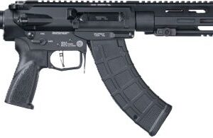 Black tactical rifle with curved magazine on white background