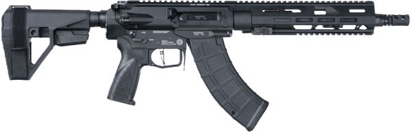 Black tactical semi-automatic rifle with curved magazine