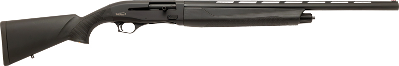 Black semi-automatic shotgun with extended barrel and stock