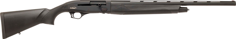 Black semi-automatic shotgun shown in side profile