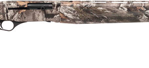 Camouflage-patterned semi-automatic shotgun shown in side profile