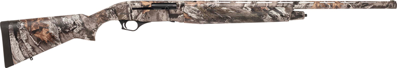 Camouflage-patterned semi-automatic shotgun shown in side profile
