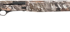 Camouflage-pattern semi-automatic shotgun on white background