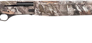 Camouflage-pattern semi-automatic shotgun on white background