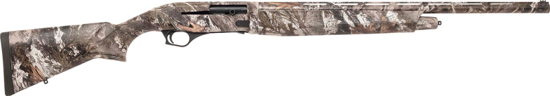Camouflage-pattern semi-automatic shotgun on white background