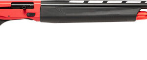 Red and black semi-automatic shotgun on white background