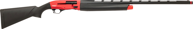 Red and black semi-automatic shotgun on white background
