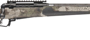 Camouflaged bolt-action hunting rifle with black adjustable stock