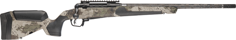 Camouflaged bolt-action hunting rifle with black adjustable stock