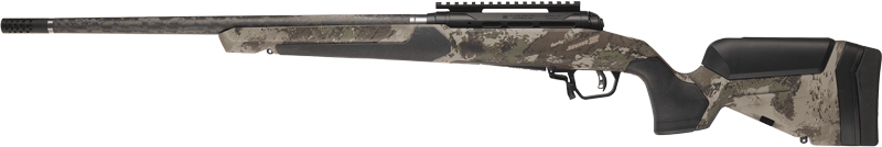 Camouflaged bolt-action hunting rifle with black adjustable stock