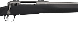 Black bolt-action rifle with synthetic stock on white background