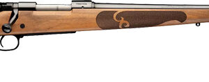 Engraved wood-stock bolt-action hunting rifle side view