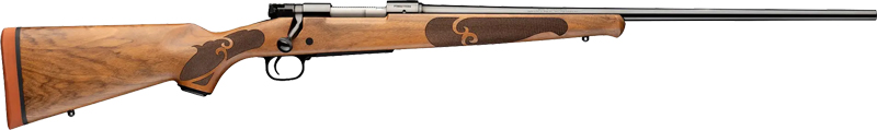 Engraved wood-stock bolt-action hunting rifle side view