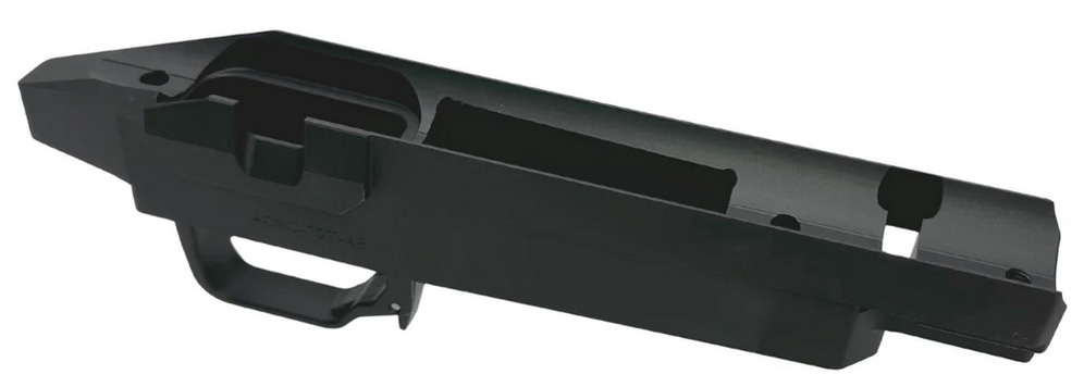 Black firearm lower receiver frame on white background
