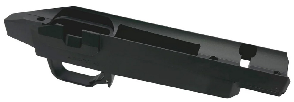 Black firearm receiver frame with trigger guard
