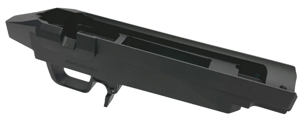 Black metal firearm receiver with trigger guard