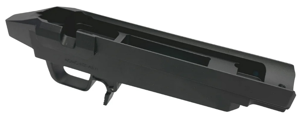 Black firearm lower receiver frame on white background