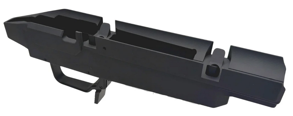 Black metal firearm receiver component with trigger guard